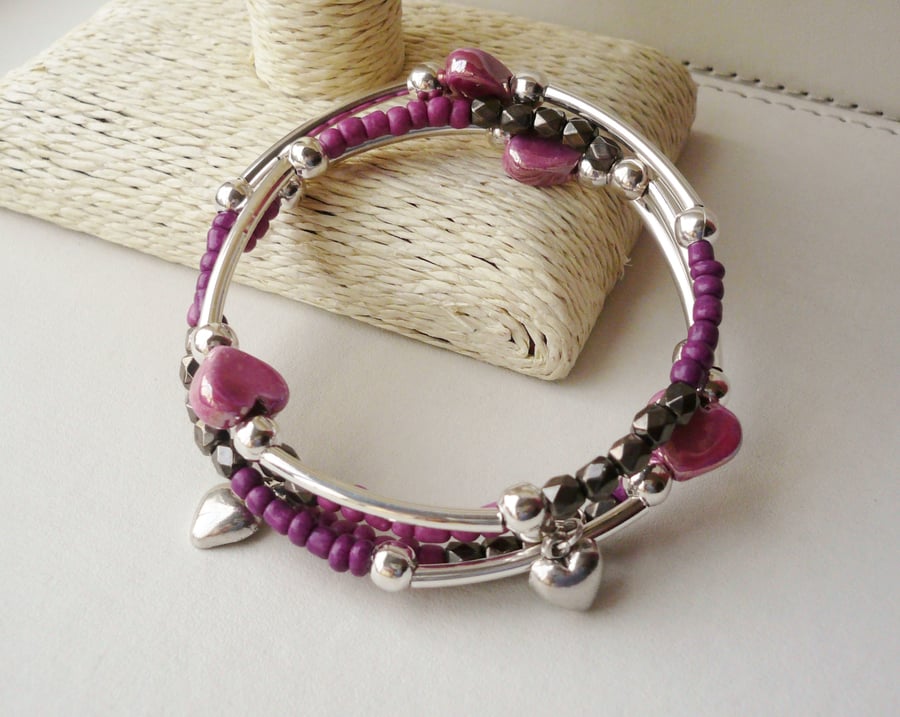 Bracelet Memory Wire Wrap Around Pink Tones and Smokey Grey Bead KCJ1682