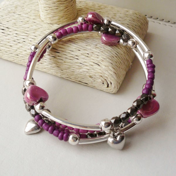 Bracelet Memory Wire Wrap Around Pink Tones and Smokey Grey Bead KCJ1682