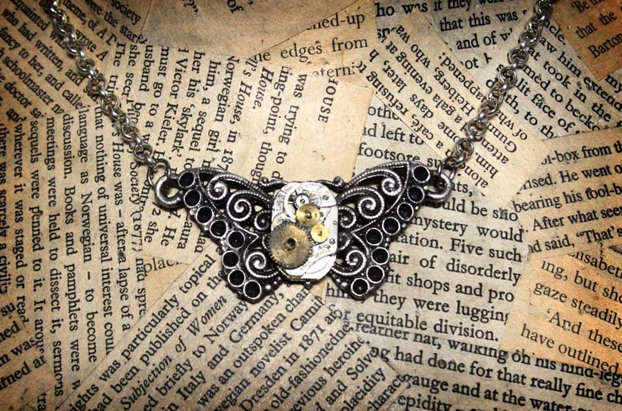 Steampunk Butterfly Watch Part Upcycled Repurposed Necklace