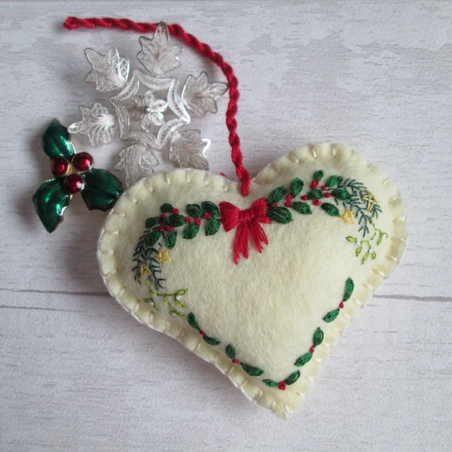 SOLD Hand Embroidered Festive Keepsake Heart No. 3 - Holly & Mistletoe on Cream
