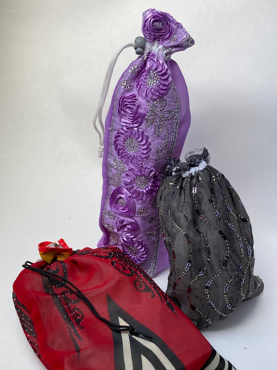 Three fabric gift bags - sparkles and sequins