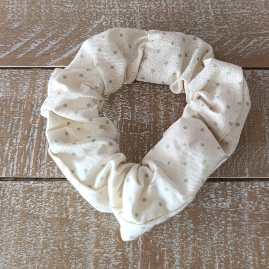 Cream and green polkadot scrunchie 