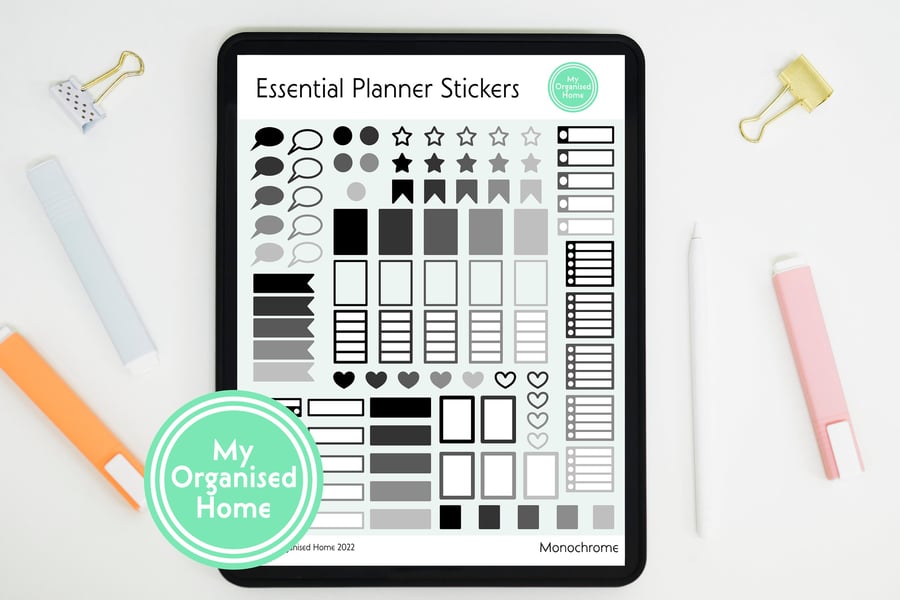 Essentials Digital Planner Stickers - PNG & GoodNotes Elements file - Monochrome