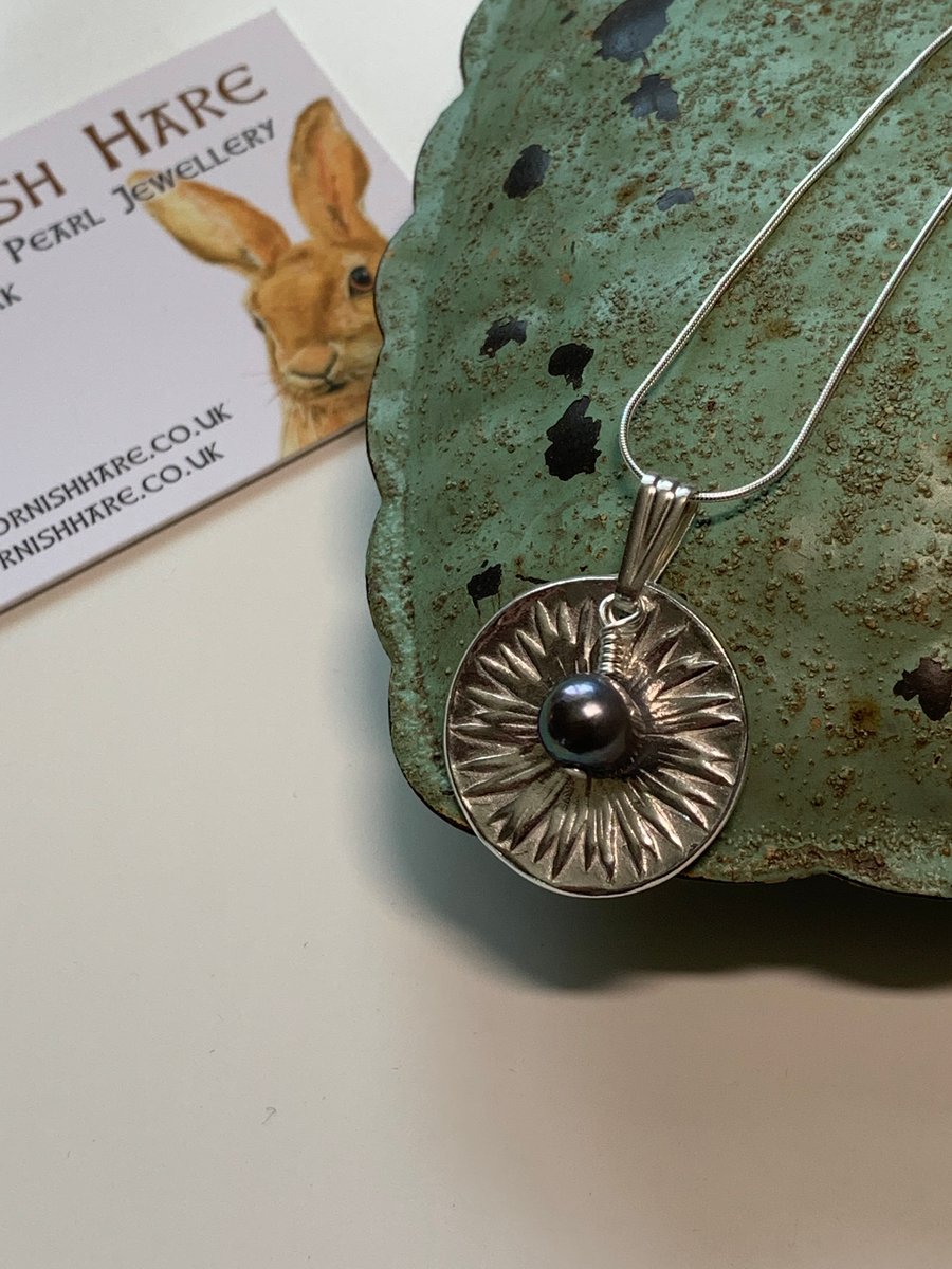 Handmade Fine Silver flower Pendant featuring a freshwater pearl  with 18" chain