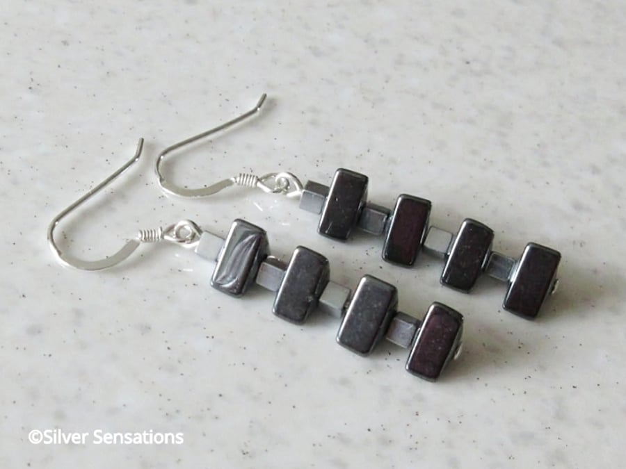 Black Triangle & Silver Hematite Cubes Sterling Silver Earrings