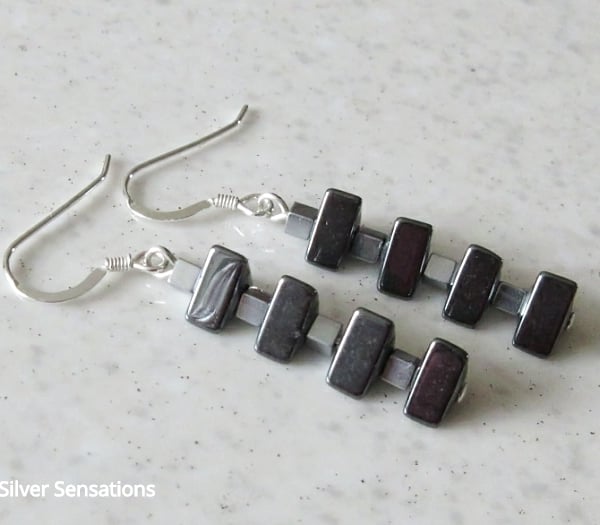 Black Triangle & Silver Hematite Cubes Sterling Silver Earrings
