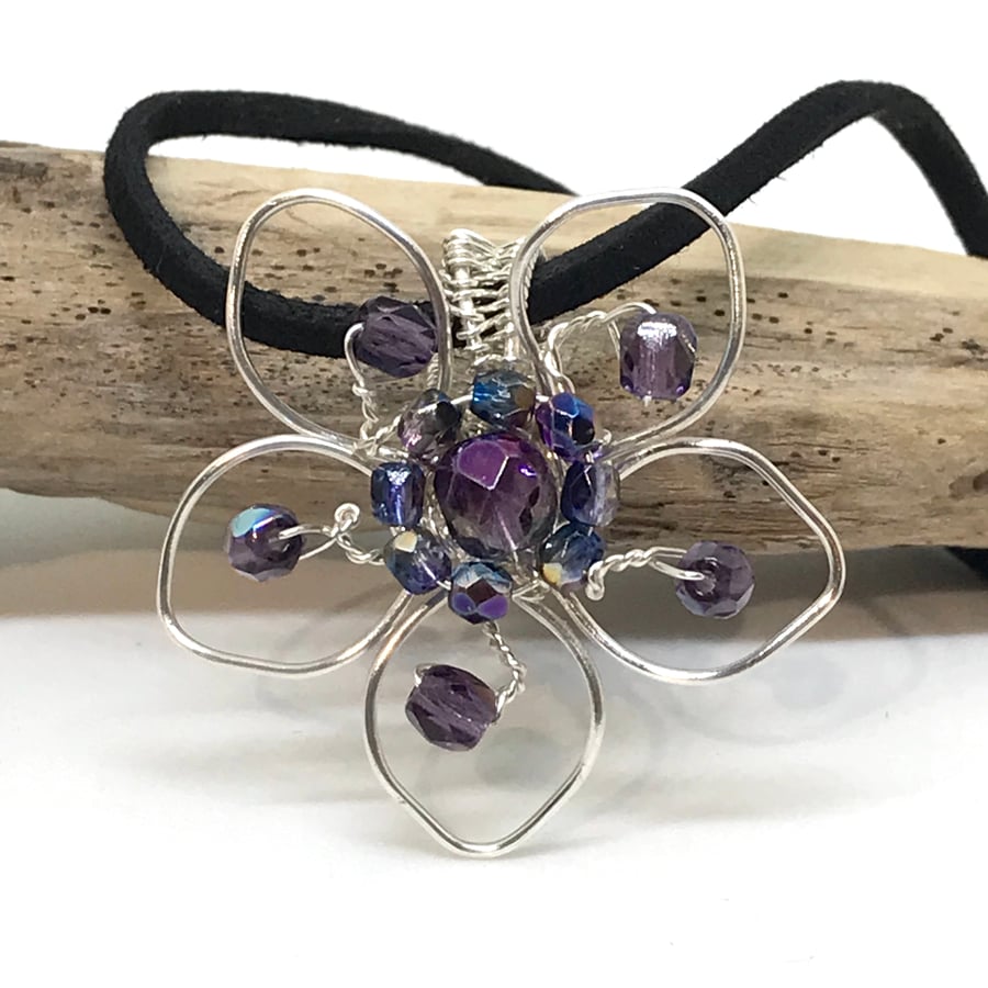 Purple Flower Pendant, Silver Plate