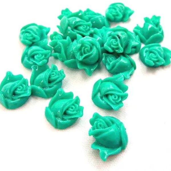 100 Green Rose Cabochons 14x12mm, Flatback Cabs for Mixed Media Crafts