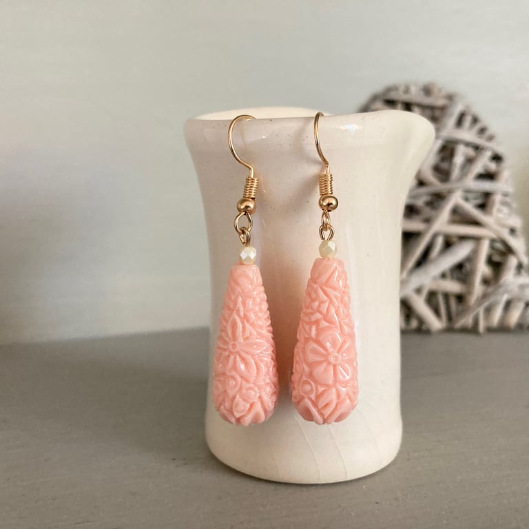 Peach coloured floral bead earrings, SALE