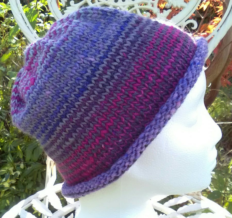 Handknit NORO Roll up Beanie Hat 100% Wool Stripey Pinks Purples Blues Grey MED