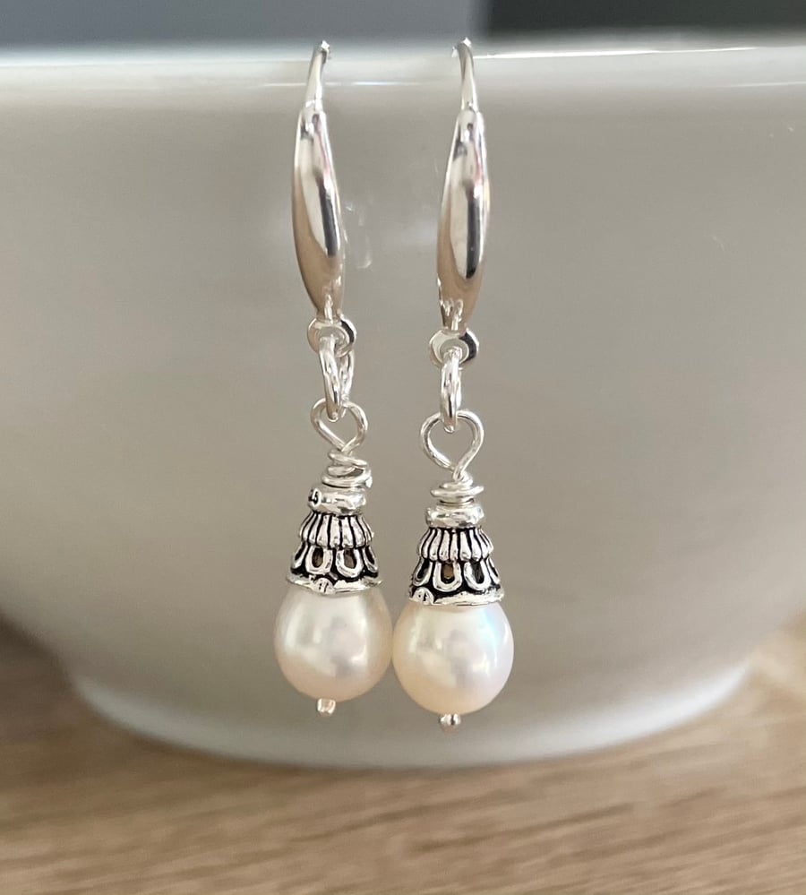 White Pearl Sterling Silver Dangle Earrings