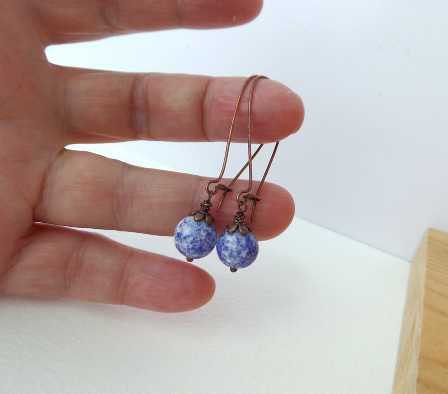 Blue Copper Earrings, Lightweight beads, Long Kidney wires