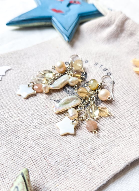 Freshwater Pearl Earrings - Celestial Star Earrings, Lemon Quartz, Citrine