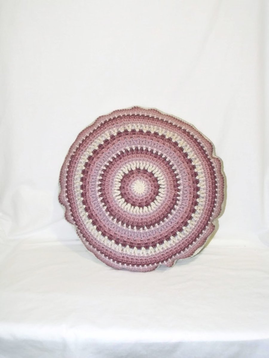  dusky pink and cream crocheted mandala scatter cushion, circular cotton pillow