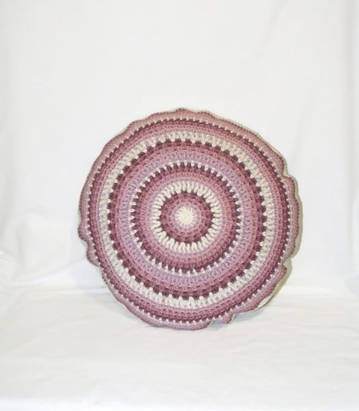  dusky pink and cream crocheted mandala scatter cushion, circular cotton pillow