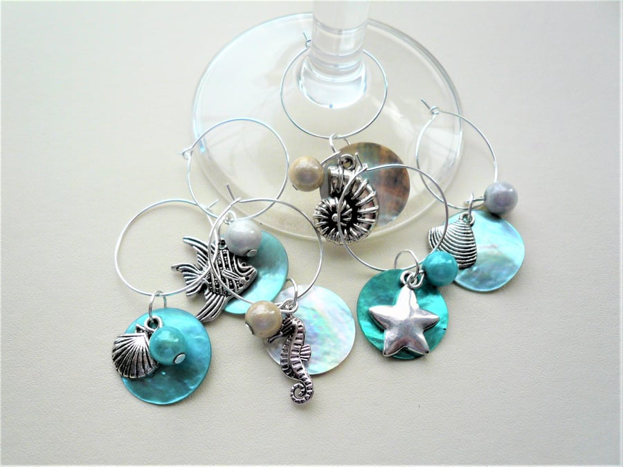 Silver  Aqua Blue Sealife Miracle Bead Shell Disc Wine Glass Charms   KCJ1883