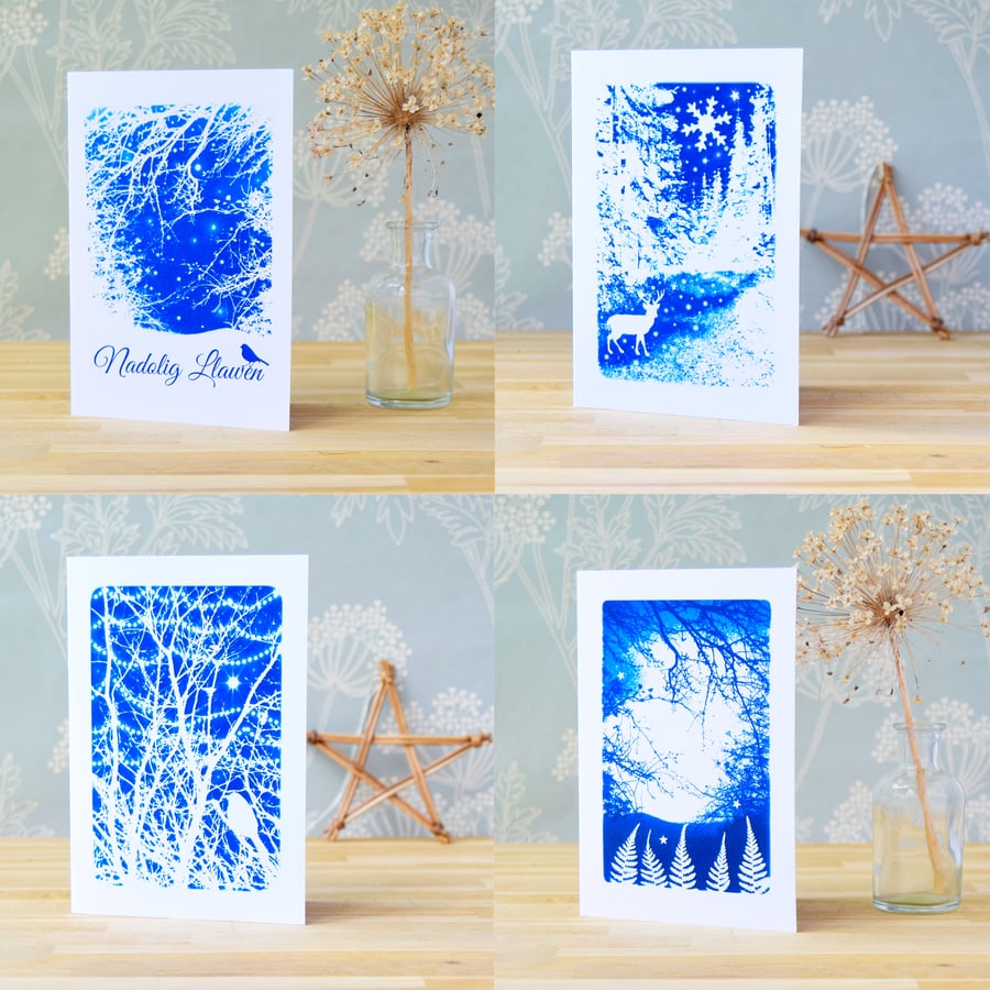 Pack of 4 Welsh Christmas cards from Cyanotype images, Shop early 2024