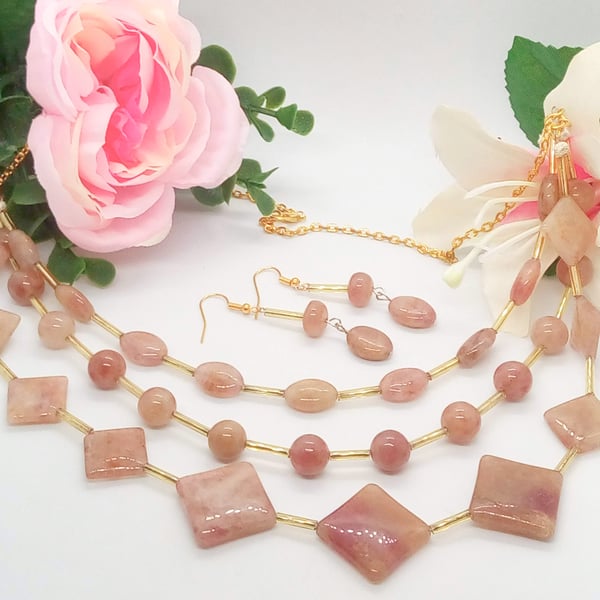 3 Strand Strawberry Quartz and Gold Plated Chain Jewellery Set, Gift for Her