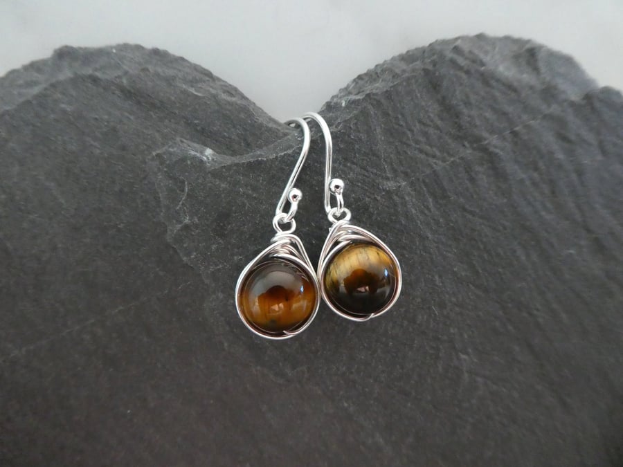 tigers eye sterling silver earrings, tiger eye drop earrings, gemstone drop earr
