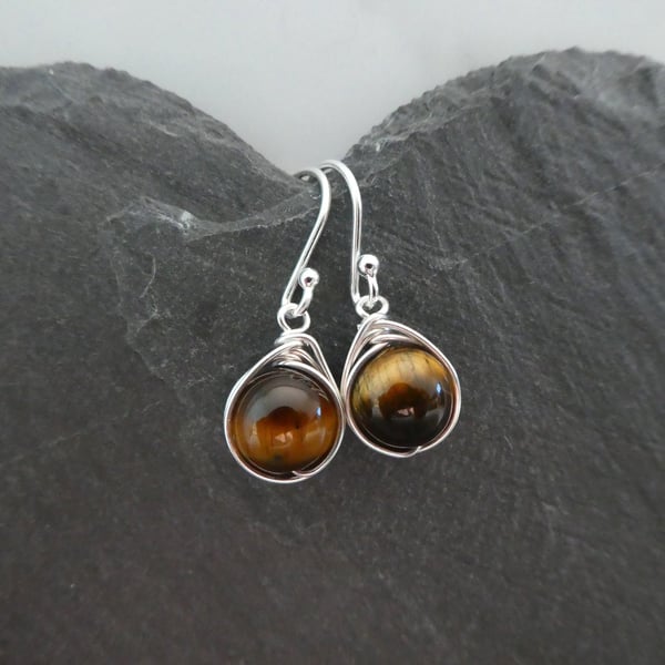 tigers eye sterling silver earrings, tiger eye drop earrings, gemstone drop earr