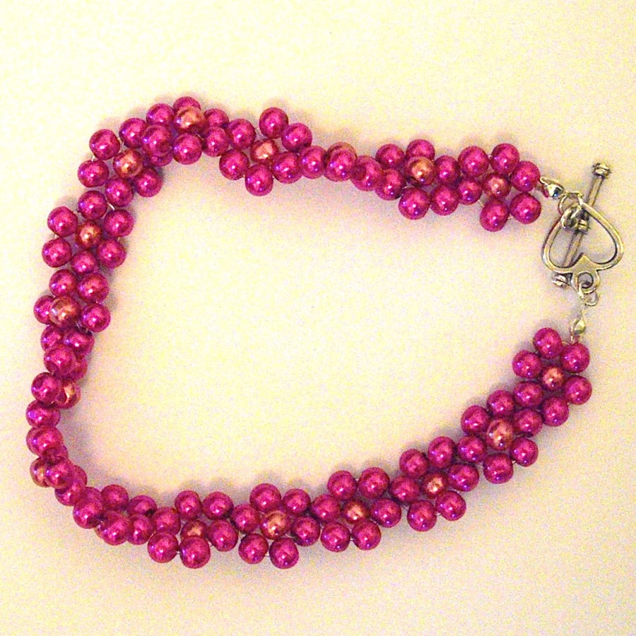 Pink Pearl Bead Flower Bracelet - UK Free Post