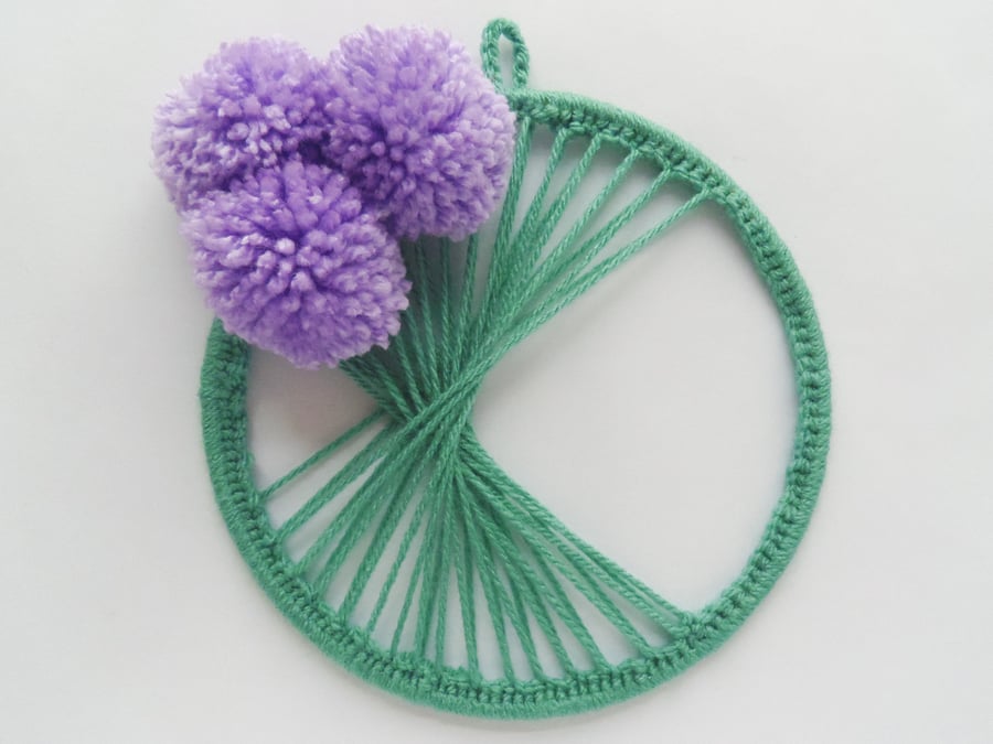 Green Wall Hanging, Purple Wall Art, Crochet Wall Hanging, Pompom Wall Art 