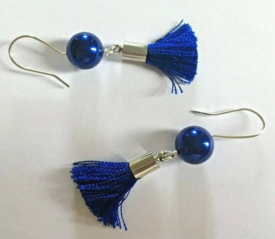 Royal Blue Shell Pearl & Tassel Earrings.Sterling Silver Hooks