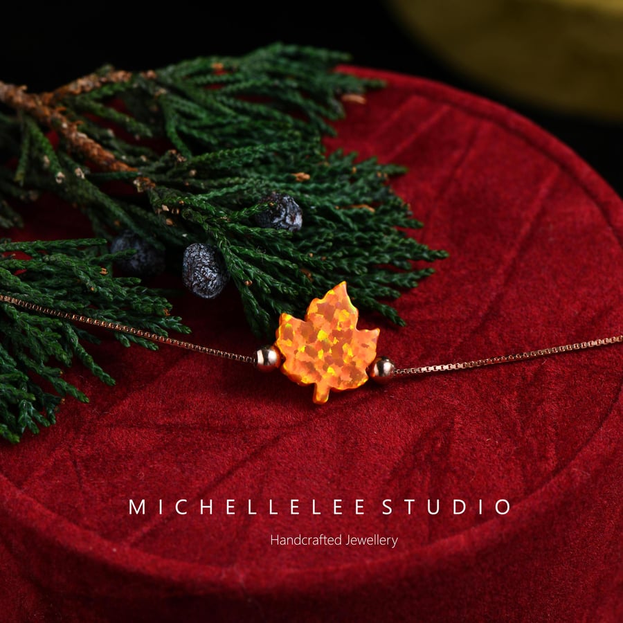 Orange Maple Leaf Opal Bracelet With 925 Sterling Silver Chain