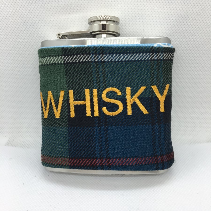Green , Blue and Black tartan 6ozStainless steel Hip Flask WHISKY embroidered 