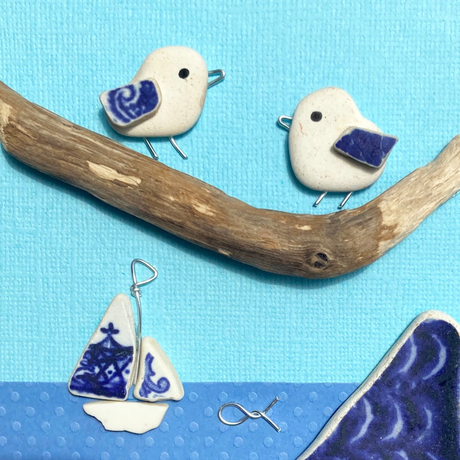 Seagull & Boat - Original Framed Scottish Seaside Pebble Art Driftwood Picture