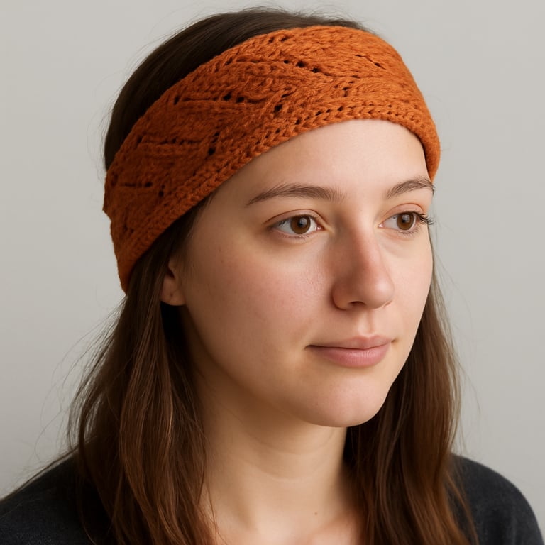 Brown handknitted earwarmers lacy pattern