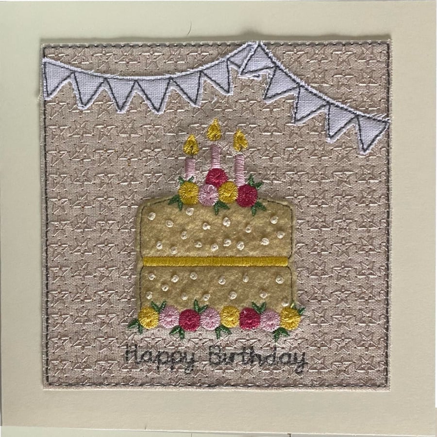 Cake Birthday card, Textile Cake card, Stitched Happy Birthday Keepsake card