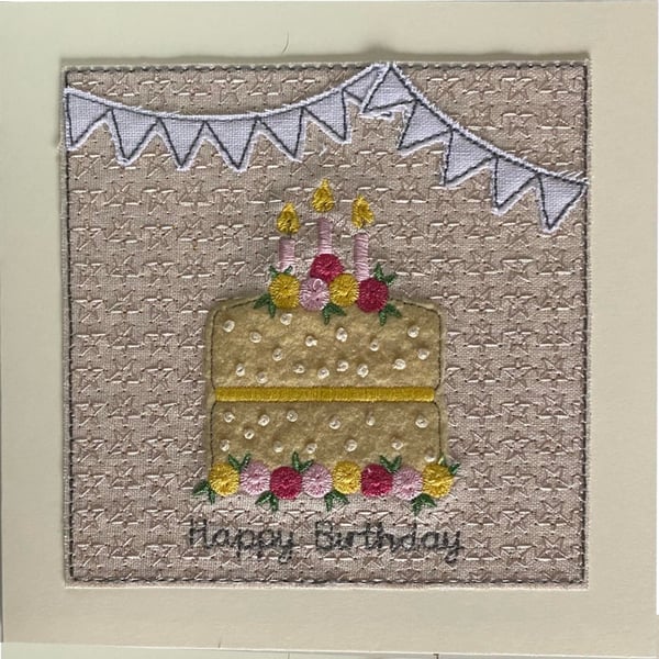 Cake Birthday card, Textile Cake card, Stitched Happy Birthday Keepsake card