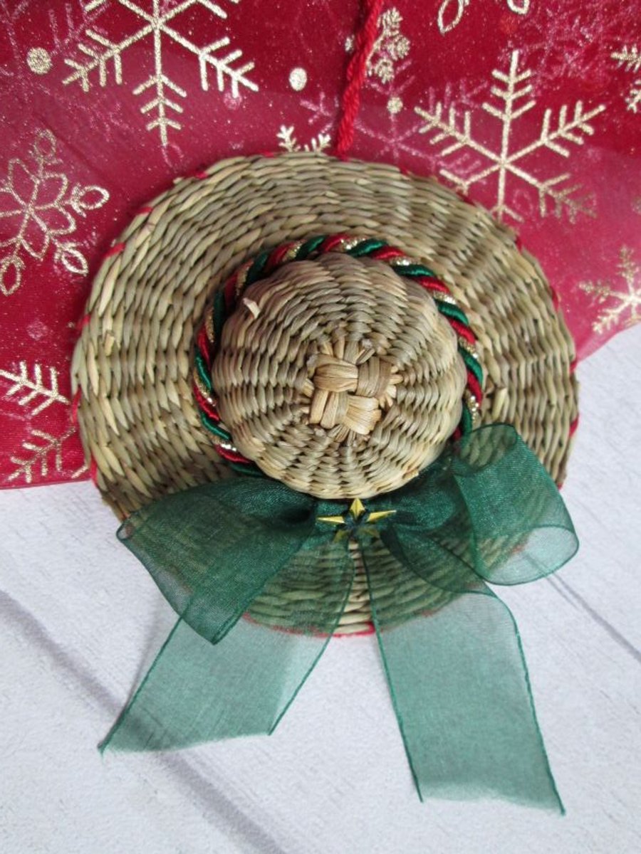 Christmas Hat Tree Decoration - Red, Green and Gold Cord with Organza Bow