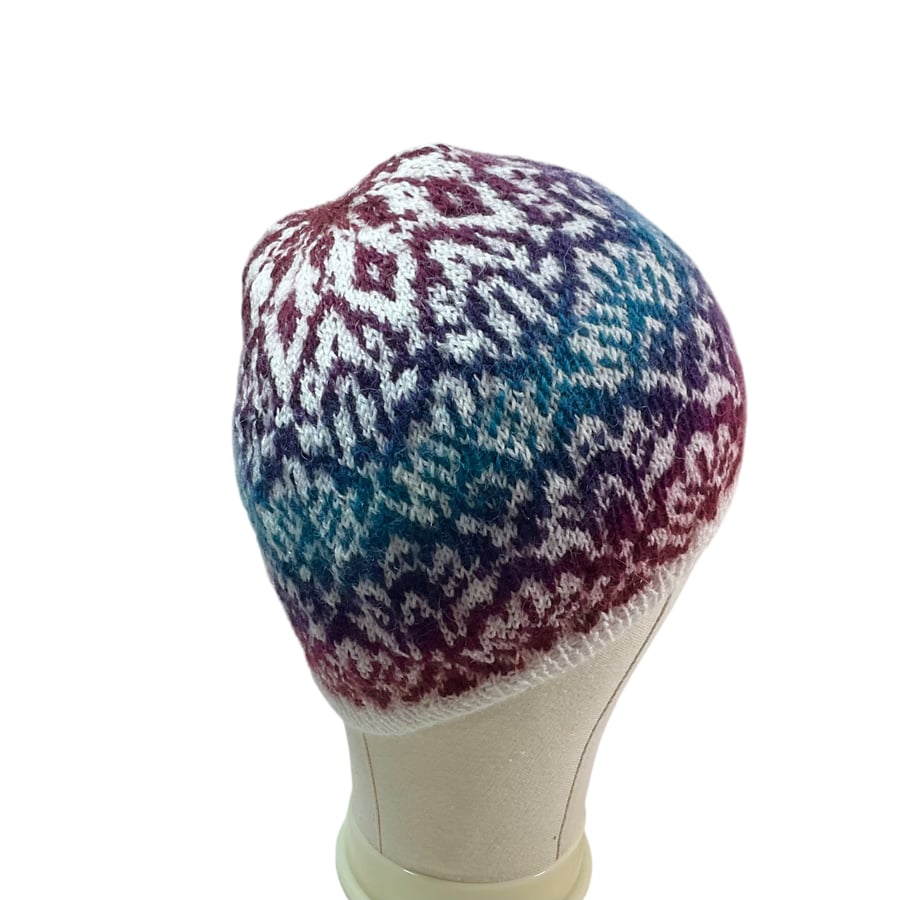 stranded hat with a colourful clouds pattern Norwegian beret,  pretty beret