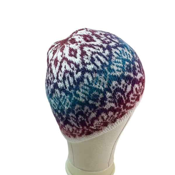 stranded hat with a colourful clouds pattern Norwegian beret,  pretty beret