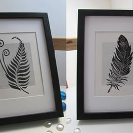 Set of Two hand made linocut prints 'Fern and Feather' cottage decor gift