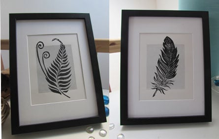 Set of Two hand made linocut prints 'Fern and Feather' cottage decor gift