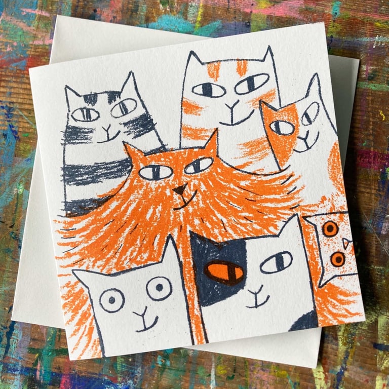 Screen printed Cat card by Jo Brown -Cats Eyes in orange