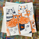 Screen printed Cat card by Jo Brown -Cats Eyes in orange