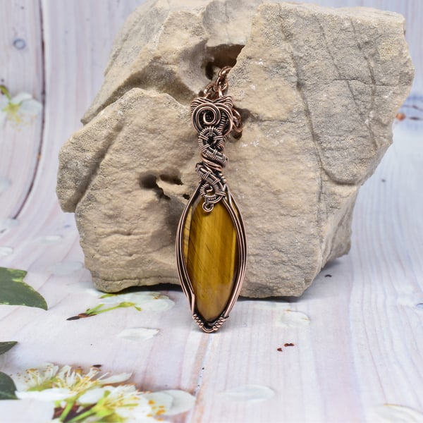 Wire Wrapped Tigers Eye Unisex Pendant