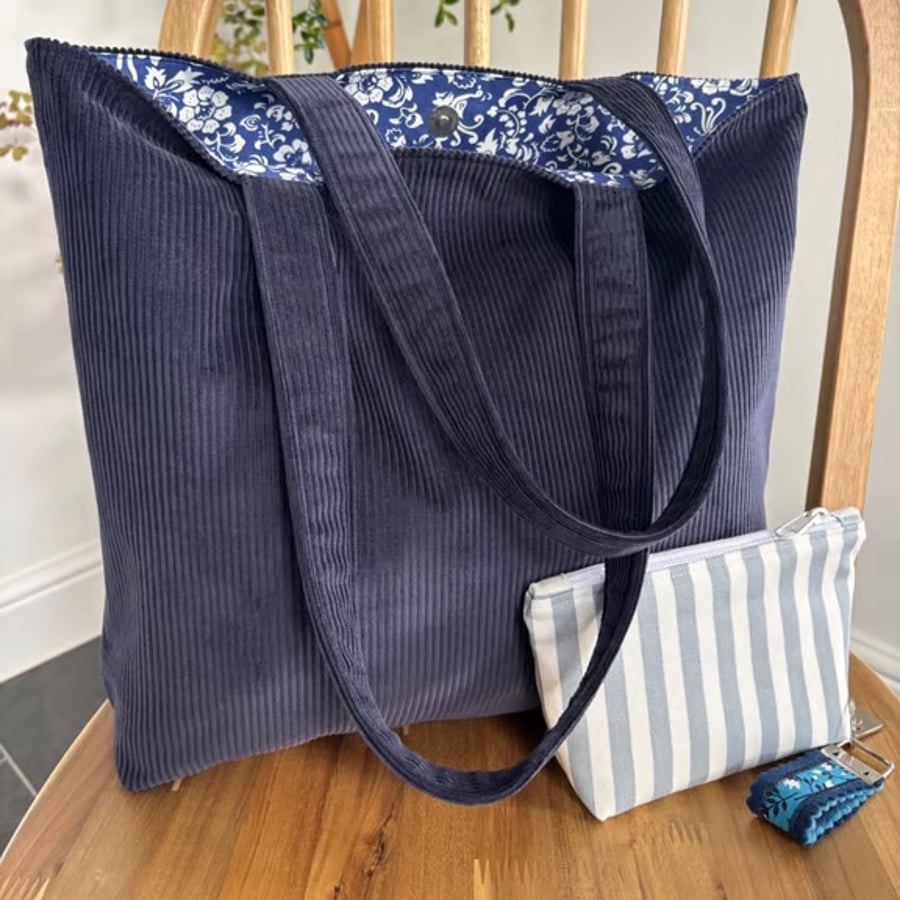 Navy corduroy tote bag, shopping bag, with pretty blue and white floral lining