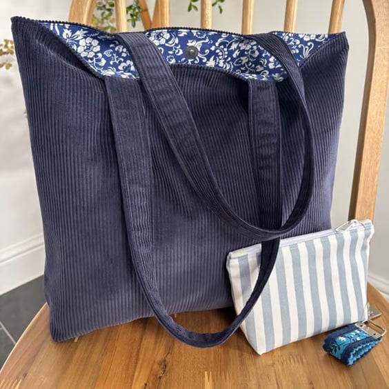 Navy corduroy tote bag, shopping bag, with pretty blue and white floral lining