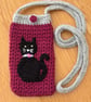 Crochet Dark Pink Phone Bag With Black Cat Motif (J189)