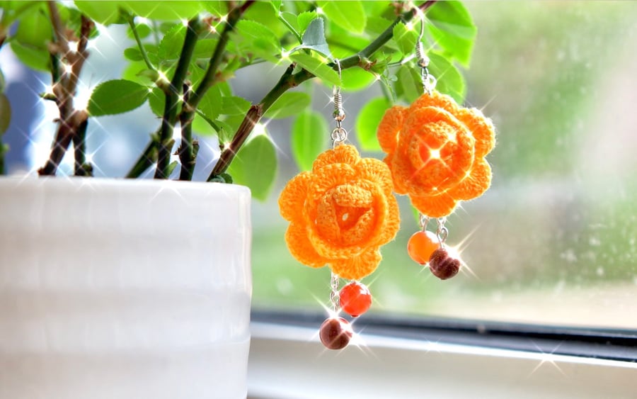 Orange Carnelian, Golden Sandstone Crochet floral earrings 