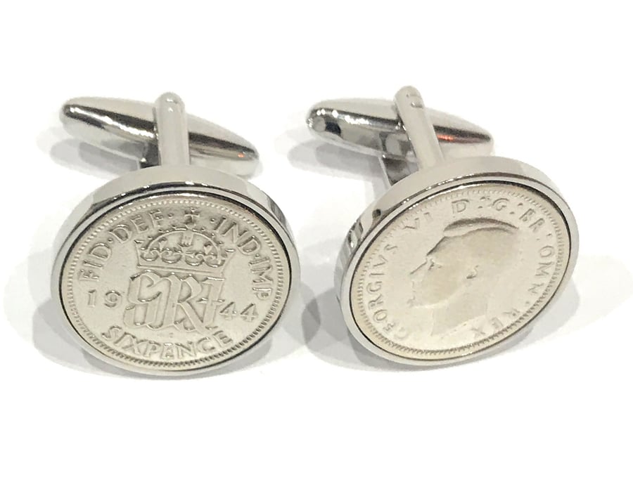 1944 Sixpence Cufflinks 80th birthday. Original sixpence coins Great gift HT