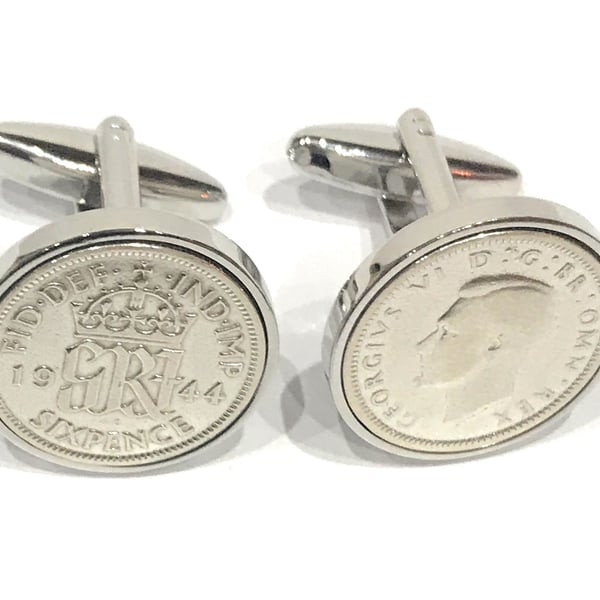 1944 Sixpence Cufflinks 80th birthday. Original sixpence coins Great gift HT