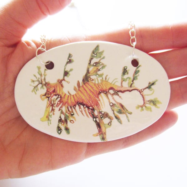 Large Handmade Leafy Seadragon Design Ceramic Pendant on Silver Colour Chain