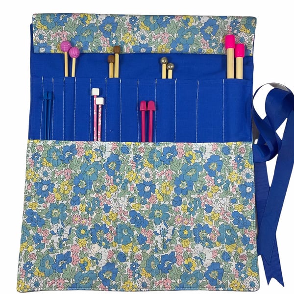 Liberty floral print Straight knitting needle case, needle roll, ribbon tie stor