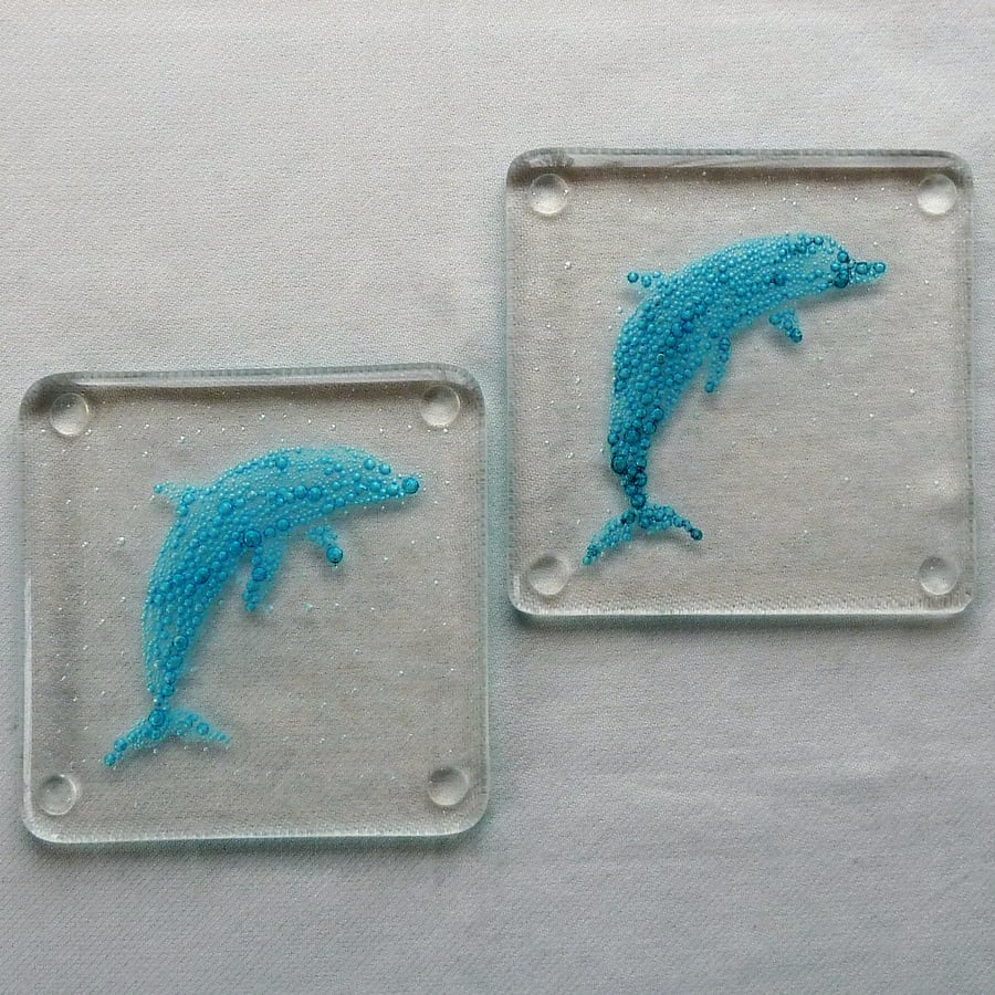 Dolphin blue bubble fused glass coasters. Set of two.